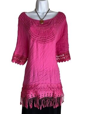 VTG Indigo Soul Plus 3X Pink Crochet Fringe Embroidered Tunic Blouse Cottagecore